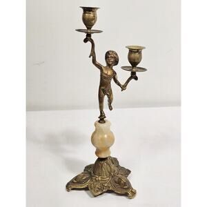 Antiques Brass Candelabra With Marble Insert 14"- 2 Candle Vintage Candle Holder